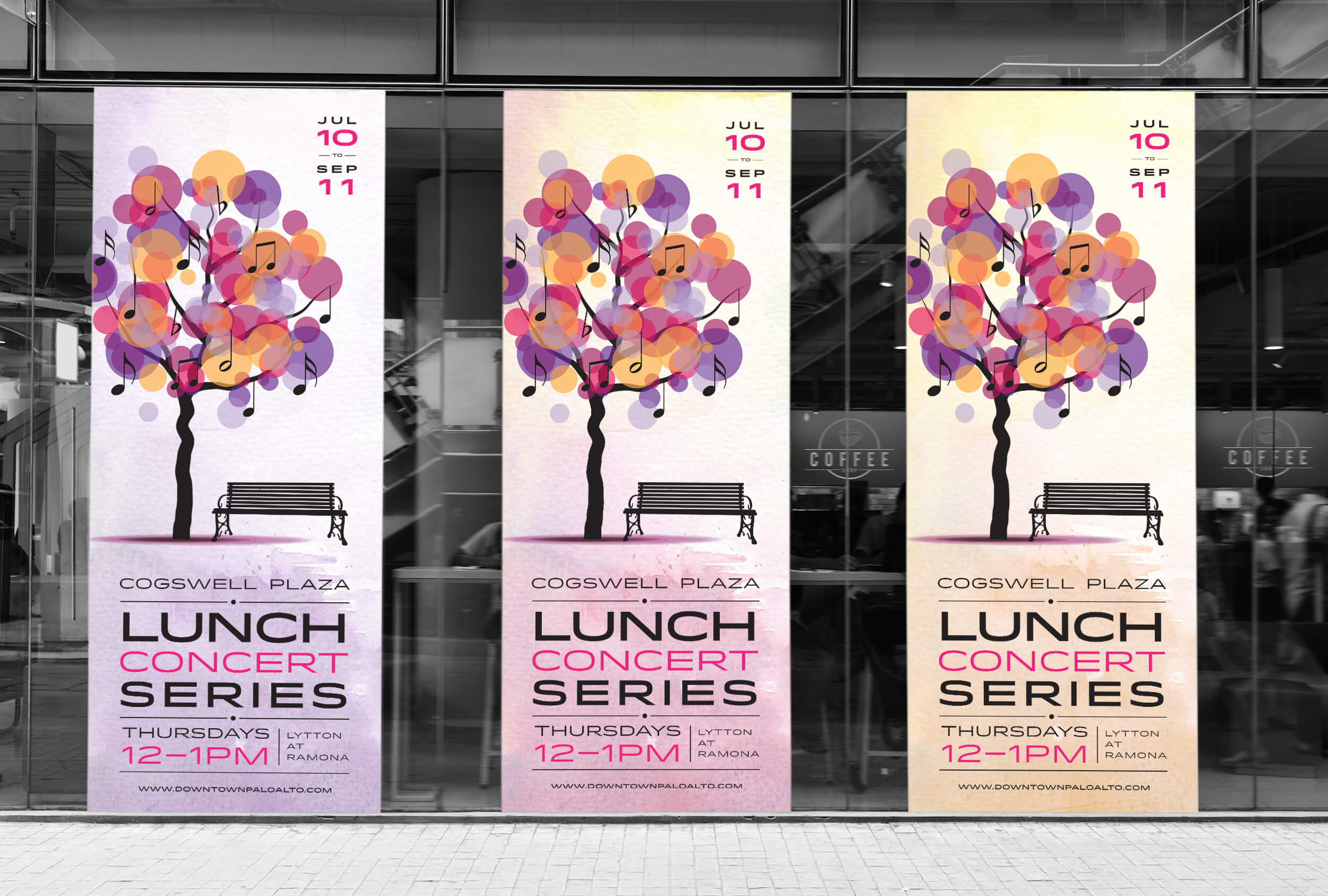 Three full length tree banners in different colors