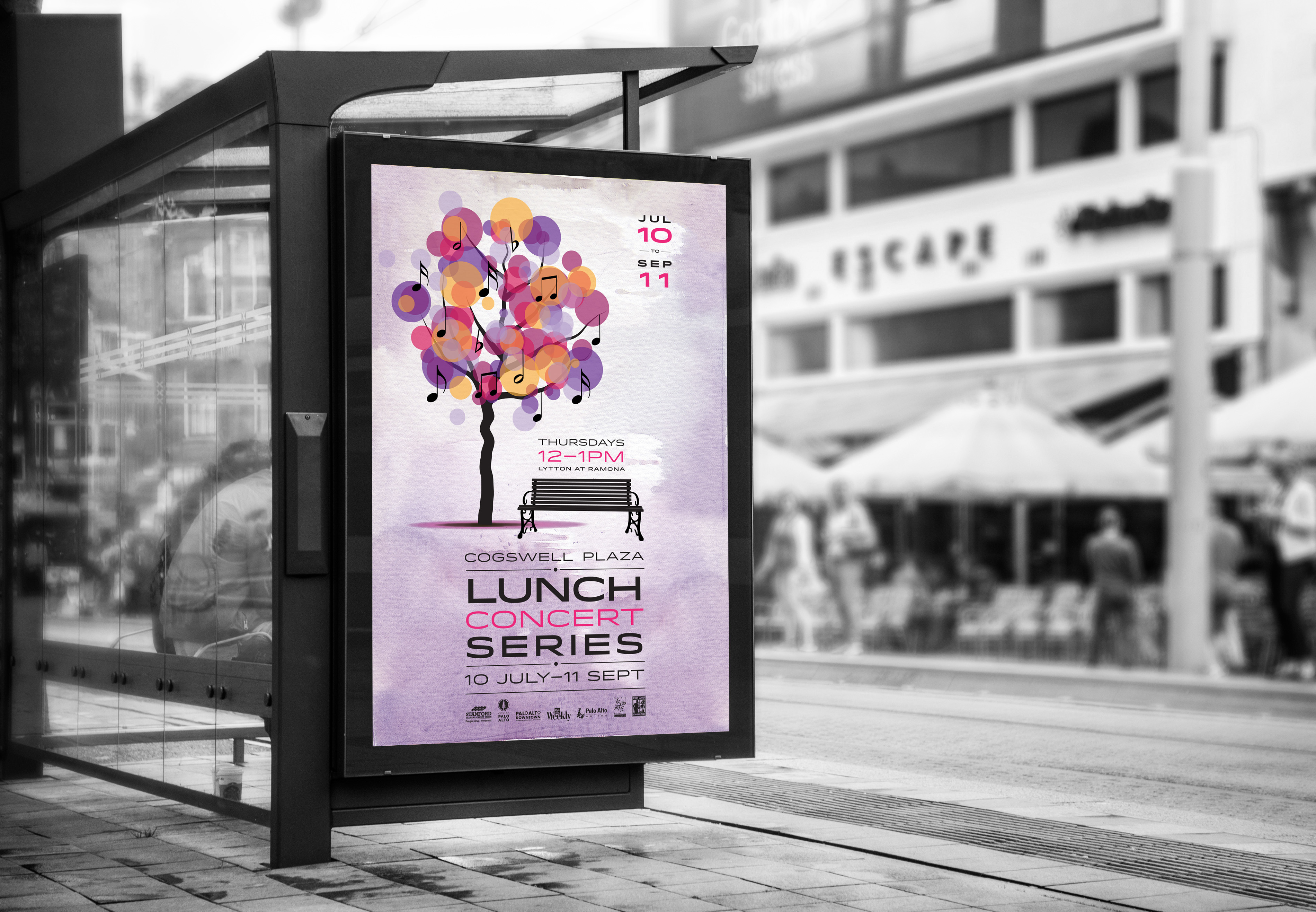 Three full length tree banners in different colors