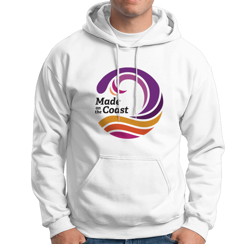 Made on the Coast logo on white sweatshirt